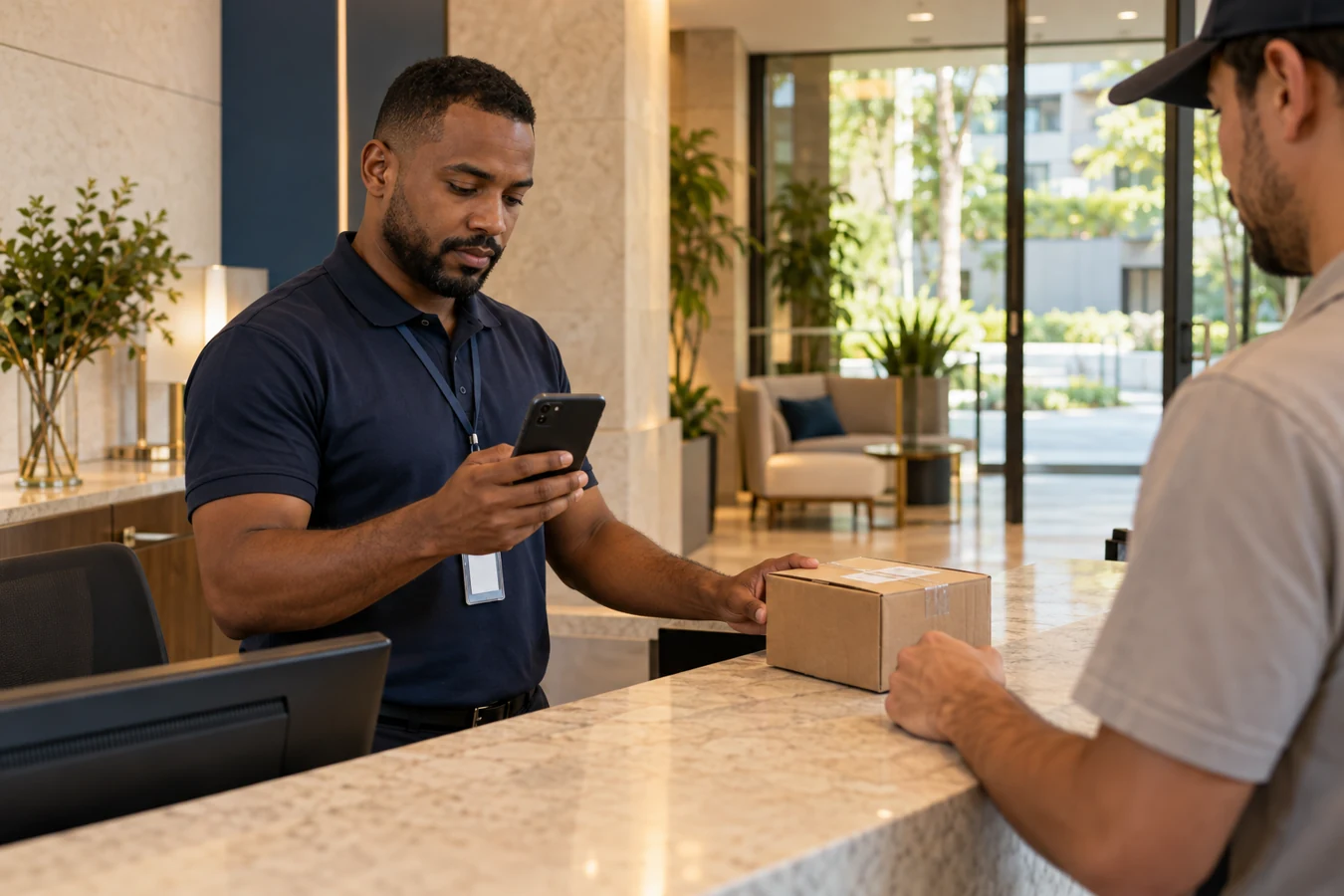 Profissional usa o celular ao registrar uma encomenda na portaria